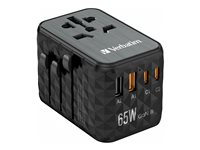 Verbatim UTA-05 - Adaptateur secteur - GaN III, universel - 65 Watt - 5 A - Apple Fast Charge, Fast Charge, PD 3.0, QC 3.0, QC 4+, Supercharge, BC 1.2, PD/PPS - 4 connecteurs de sortie (2 x USB, 2 x USB-C) - noir 32120